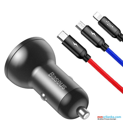 Baseus Digital Display Dual USB 4.8A Car Charger with 3-in-1 Cable